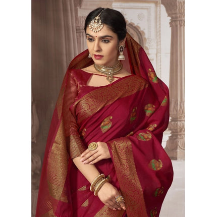 Rosolly Â Women's Chanderi Cotton Printed Saree With Unstitched Blouse (Red, 5-6 Mtrs)