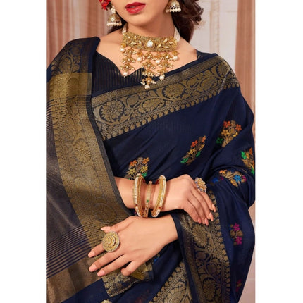Rosolly Â Women's Chanderi Cotton Printed Saree With Unstitched Blouse (Navy Blue, 5-6 Mtrs)