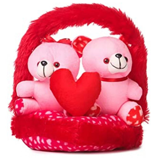 Rosolly Teddy Bear Couple Love in Basket (Red And Pink)