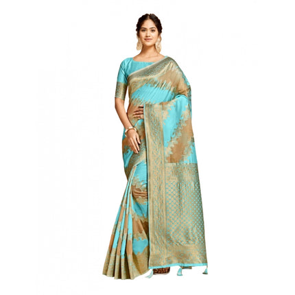 Rosolly Â Women's Linen Printed Saree With Unstitched Blouse (Sky Blue, 5-6 Mtrs)