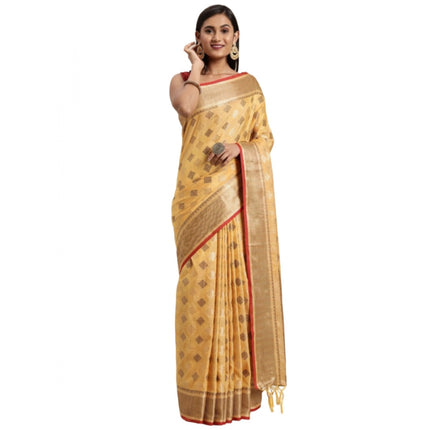 Rosolly Â Women's Chanderi Cotton Printed Saree With Unstitched Blouse (Yellow, 5-6 Mtrs)