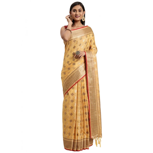 Rosolly Â Women's Chanderi Cotton Printed Saree With Unstitched Blouse (Yellow, 5-6 Mtrs)