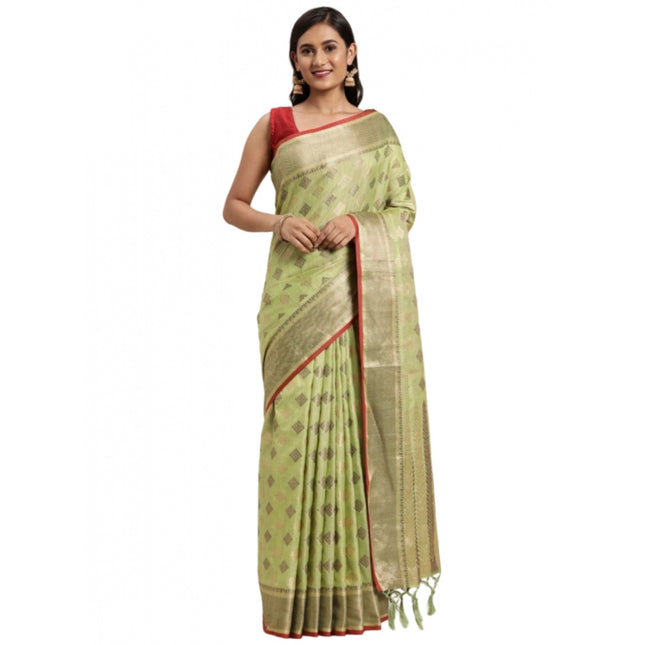 Rosolly Â Women's Chanderi Cotton Printed Saree With Unstitched Blouse (Pista, 5-6 Mtrs)