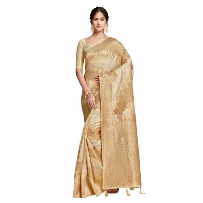 Rosolly Â Women's Linen Printed Saree With Unstitched Blouse (Beige, 5-6 Mtrs)