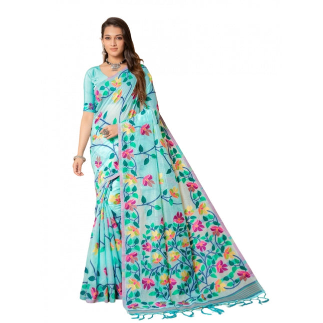 Rosolly  Women's Cotton Printed Saree With Unstitched Blouse (Sky Blue, 5-6 Mtrs)