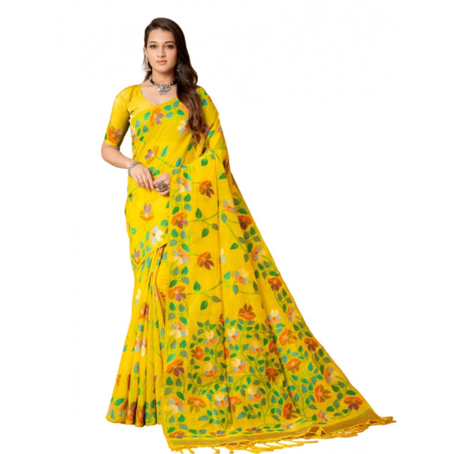 Rosolly  Women's Cotton Printed Saree With Unstitched Blouse (Yellow, 5-6 Mtrs)