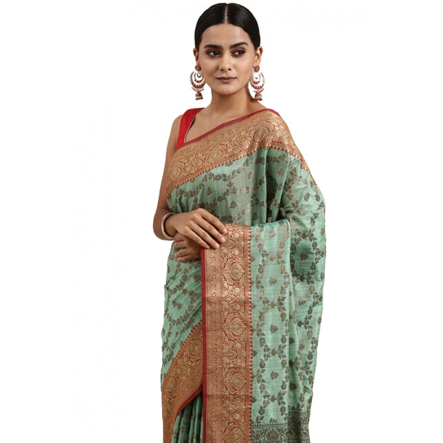 Rosolly  Women's Chanderi Cotton Printed Saree With Unstitched Blouse (Sku Blue, 5-6 Mtrs)