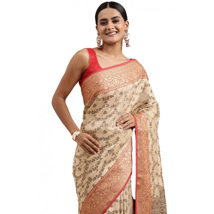 Rosolly  Women's Chanderi Cotton Printed Saree With Unstitched Blouse (Beige, 5-6 Mtrs)