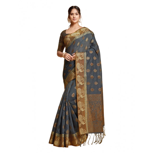 Rosolly Â Women's Organza Printed Saree With Unstitched Blouse (Grey, 5-6 Mtrs)