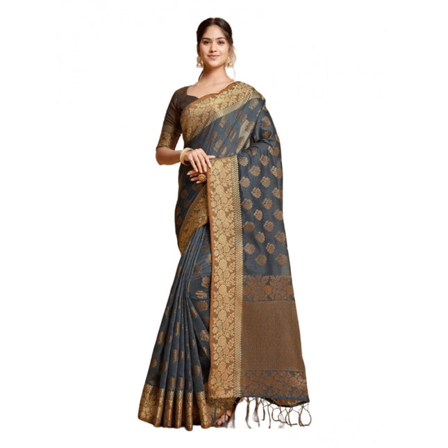 Rosolly Â Women's Chanderi Cotton Printed Saree With Unstitched Blouse (Grey, 5-6 Mtrs)