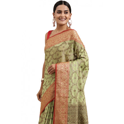 Rosolly  Women's Chanderi Cotton Printed Saree With Unstitched Blouse (Pista, 5-6 Mtrs)