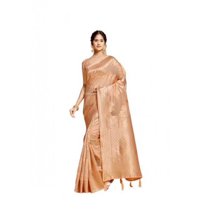 Rosolly Â Women's Linen Printed Saree With Unstitched Blouse (Peach, 5-6 Mtrs)