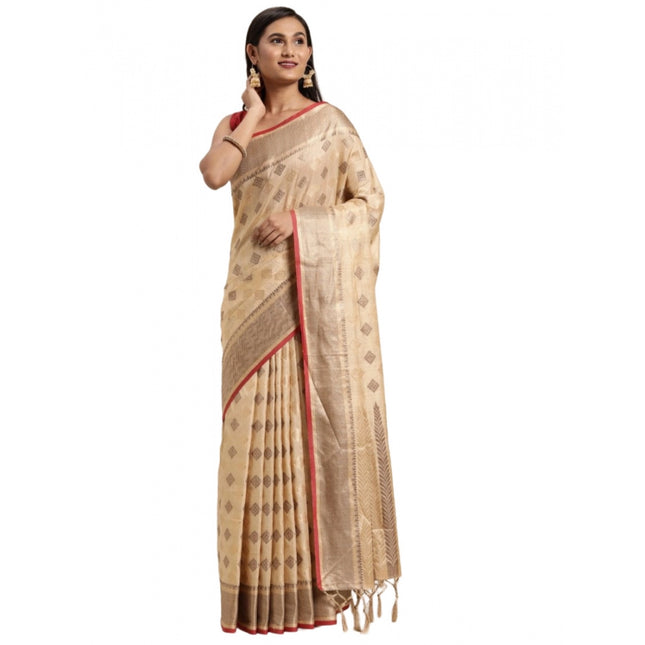 Rosolly Â Women's Chanderi Cotton Printed Saree With Unstitched Blouse (Beige, 5-6 Mtrs)