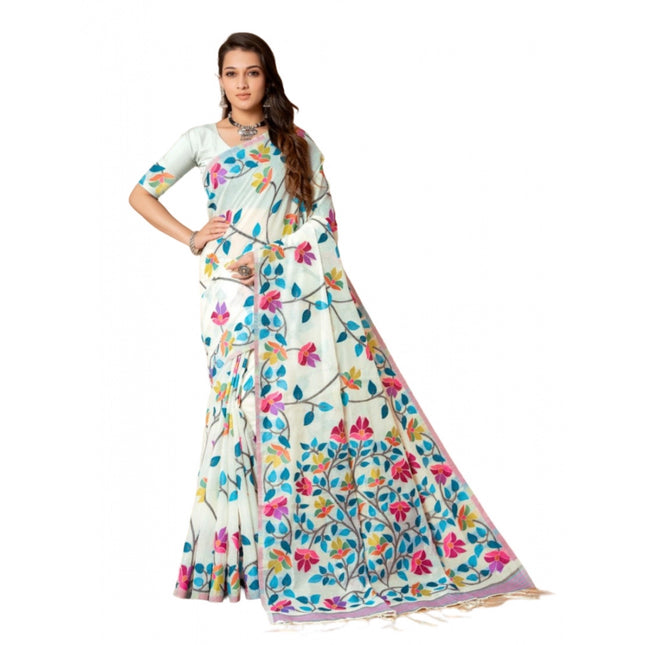 Rosolly  Women's Cotton Printed Saree With Unstitched Blouse (White, 5-6 Mtrs)