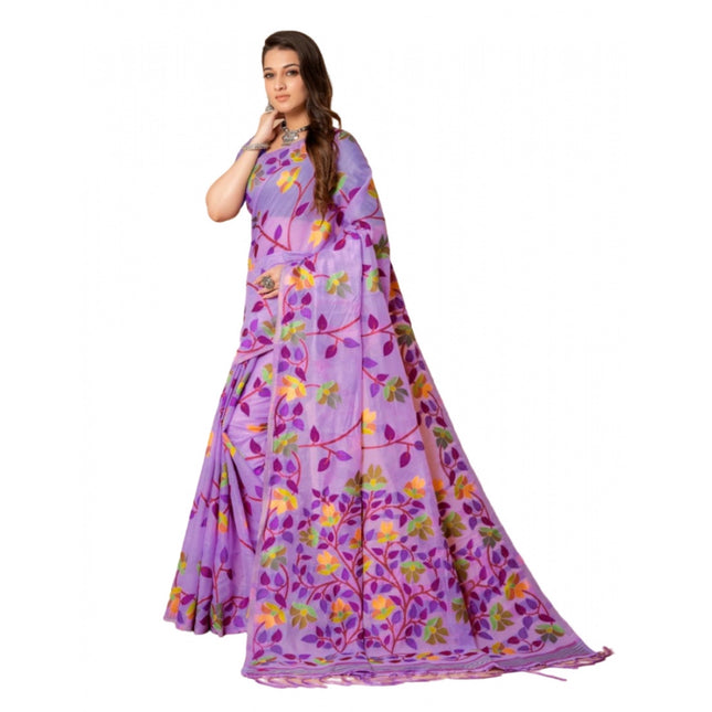 Rosolly  Women's Cotton Printed Saree With Unstitched Blouse (Lavender, 5-6 Mtrs)