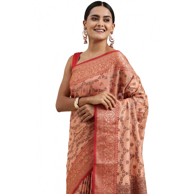 Rosolly  Women's Chanderi Cotton Printed Saree With Unstitched Blouse (Peach, 5-6 Mtrs)