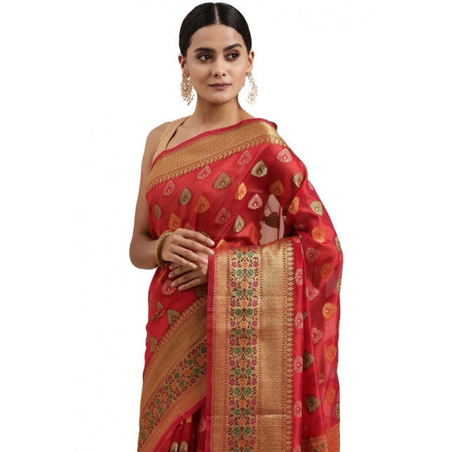 Rosolly  Women's Organza Printed Saree With Unstitched Blouse (Red, 5-6 Mtrs)