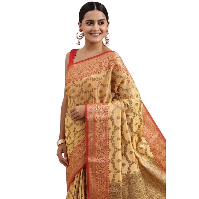 Rosolly  Women's Chanderi Cotton Printed Saree With Unstitched Blouse (Yellow, 5-6 Mtrs)