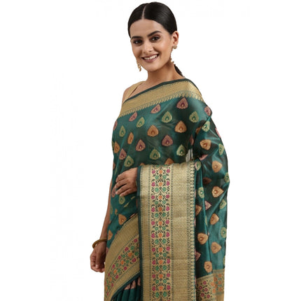 Rosolly  Women's Organza Printed Saree With Unstitched Blouse (Sea Green, 5-6 Mtrs)