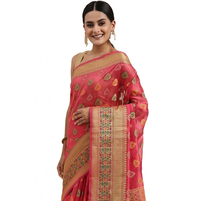 Rosolly  Women's Organza Printed Saree With Unstitched Blouse (Pink, 5-6 Mtrs)