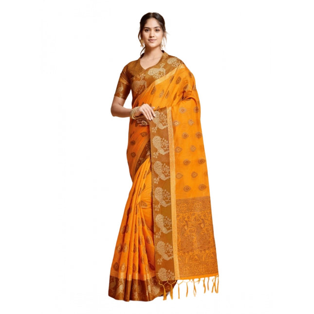 Rosolly Â Women's Organza Printed Saree With Unstitched Blouse (Mustard, 5-6 Mtrs)