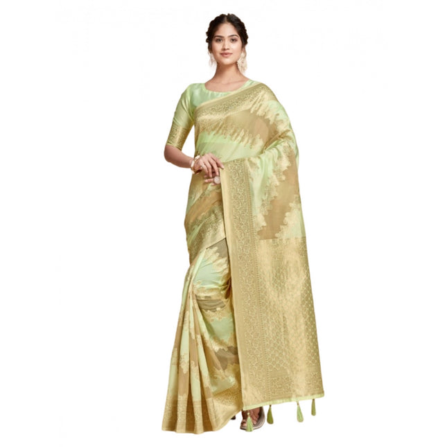 Rosolly Â Women's Linen Printed Saree With Unstitched Blouse (Pista, 5-6 Mtrs)