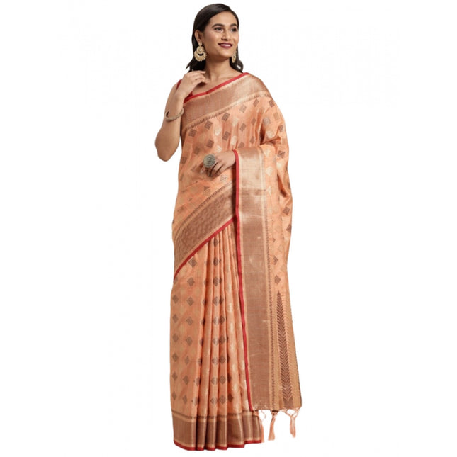 Rosolly Â Women's Chanderi Cotton Printed Saree With Unstitched Blouse (Orange, 5-6 Mtrs)
