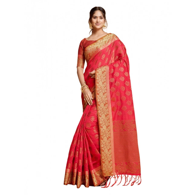 Rosolly Â Women's Chanderi Cotton Printed Saree With Unstitched Blouse (Pink, 5-6 Mtrs)