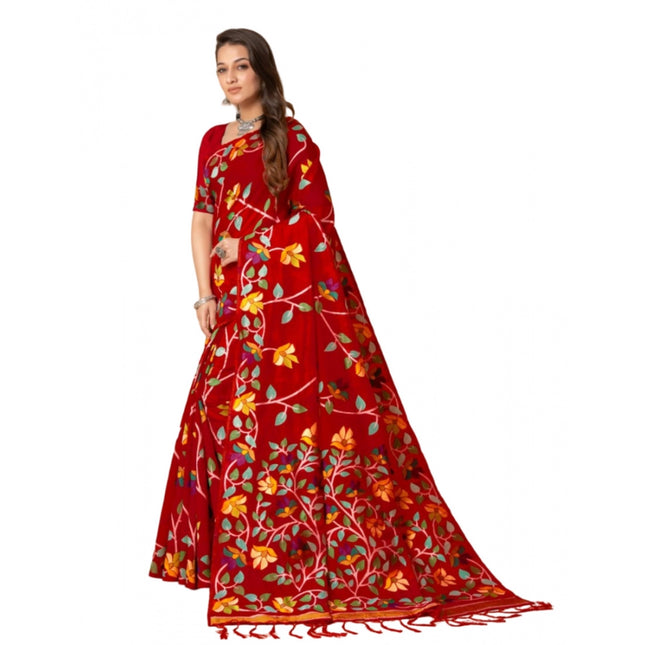 Rosolly  Women's Cotton Printed Saree With Unstitched Blouse (Red, 5-6 Mtrs)