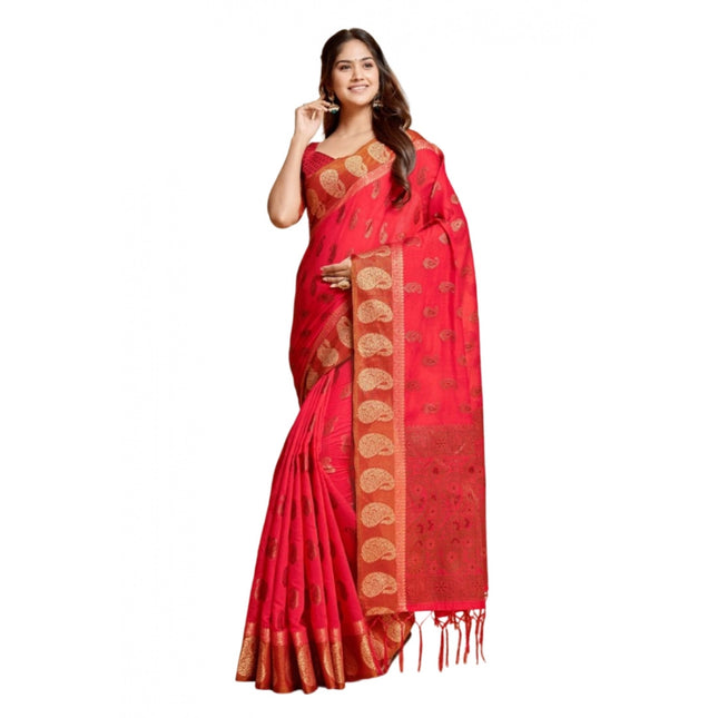 Rosolly  Women's Chanderi Cotton Printed Saree With Unstitched Blouse (Pink, 5-6 Mtrs)