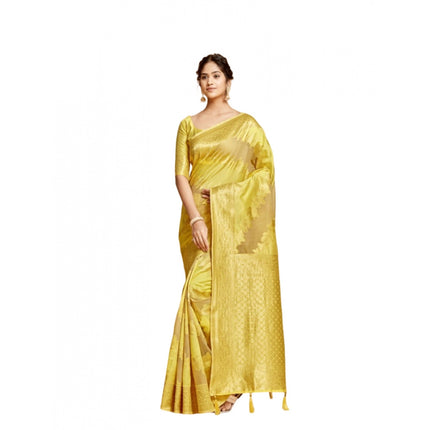 Rosolly Â Women's Linen Printed Saree With Unstitched Blouse (Yellow, 5-6 Mtrs)