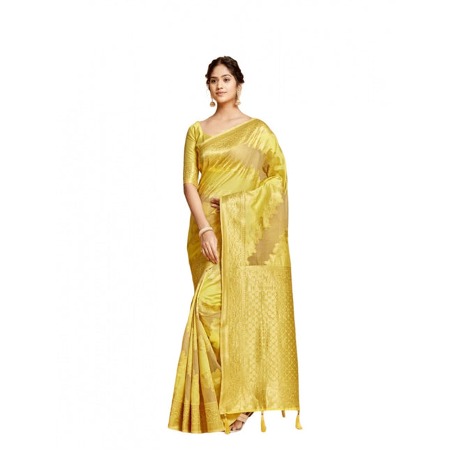 Rosolly Â Women's Linen Printed Saree With Unstitched Blouse (Yellow, 5-6 Mtrs)