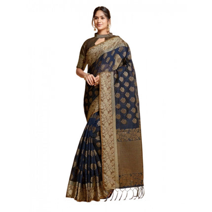 Rosolly Â Women's Chanderi Cotton Printed Saree With Unstitched Blouse (Navy, 5-6 Mtrs)