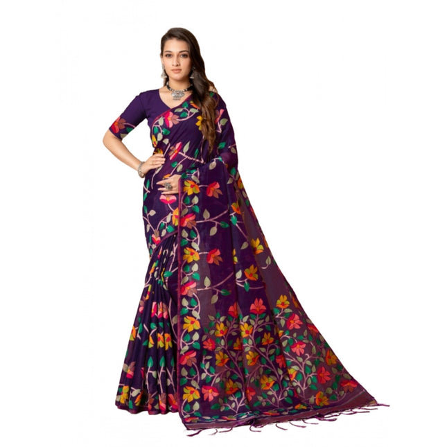 Rosolly  Women's Cotton Printed Saree With Unstitched Blouse (Wine, 5-6 Mtrs)