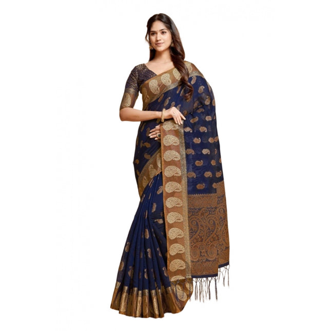 Rosolly  Women's Chanderi Cotton Printed Saree With Unstitched Blouse (Navy Blue, 5-6 Mtrs)