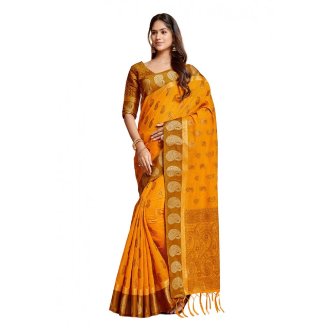 Rosolly  Women's Chanderi Cotton Printed Saree With Unstitched Blouse (Mustard, 5-6 Mtrs)