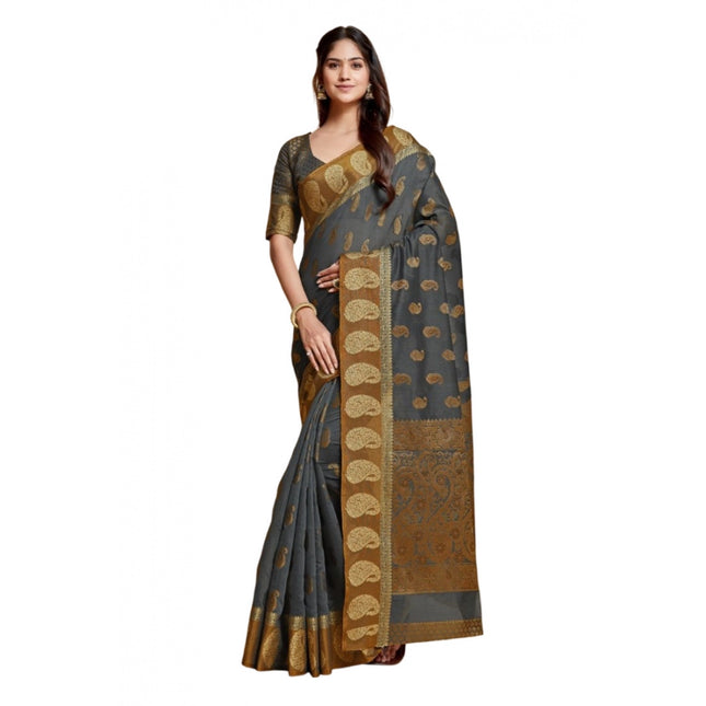 Rosolly  Women's Chanderi Cotton Printed Saree With Unstitched Blouse (Grey, 5-6 Mtrs)