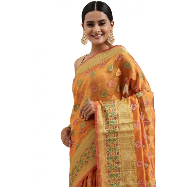 Rosolly  Women's Organza Printed Saree With Unstitched Blouse (Mustard, 5-6 Mtrs)