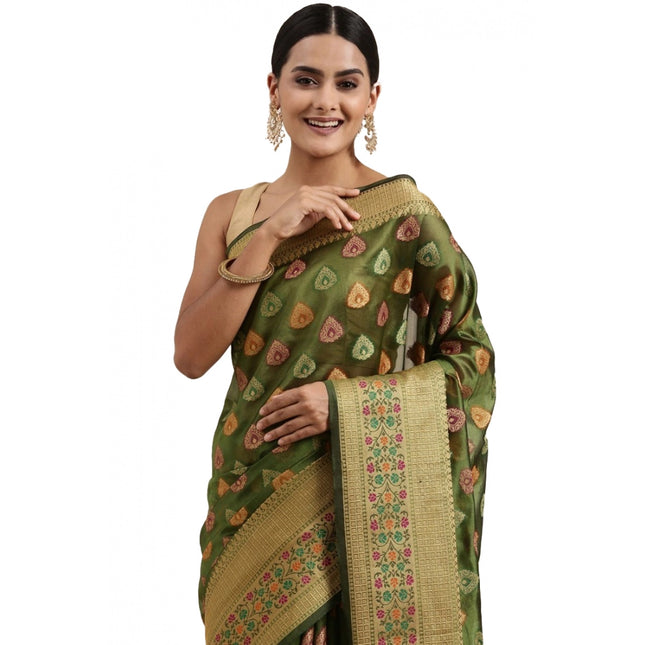 Rosolly  Women's Organza Printed Saree With Unstitched Blouse (Mahendi, 5-6 Mtrs)