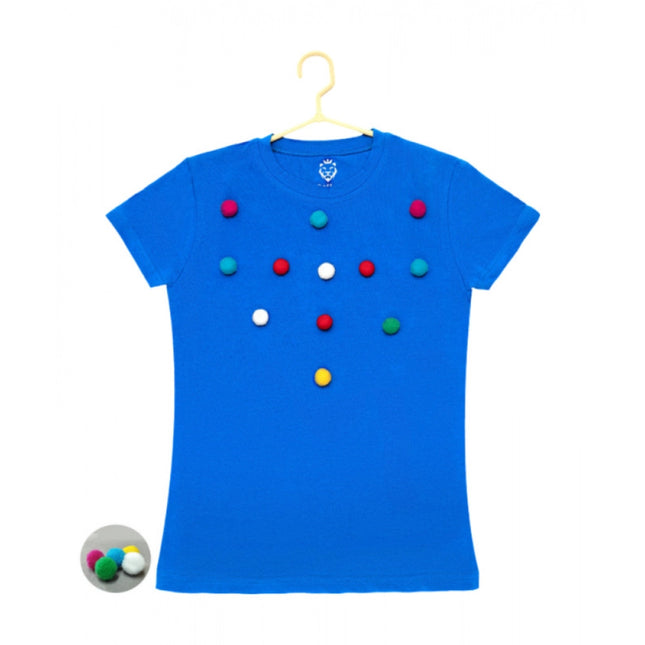 Rosolly Girl's Casual Short Sleeve Pom Pom Balls Cotton T Shirt (Royal Blue)