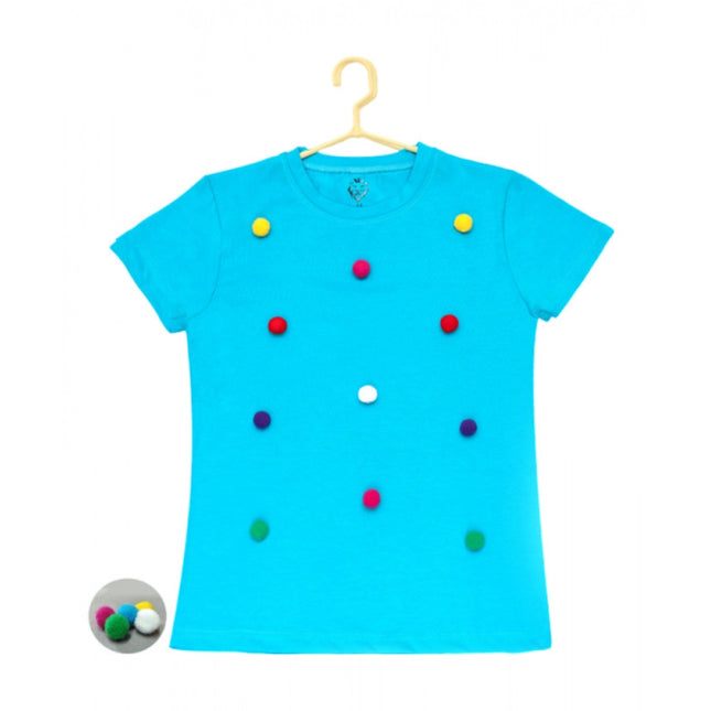 Rosolly Girl's Casual Short Sleeve Pom Pom Balls Cotton T Shirt (Blue)