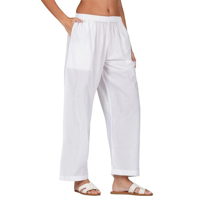 Rosolly Women's Casual Cotton Cambric Solid Elastic Palazzo Trousers (White)