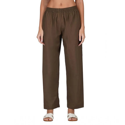 Rosolly Women's Casual Cotton Cambric Solid Elastic Palazzo Trousers (Brown)