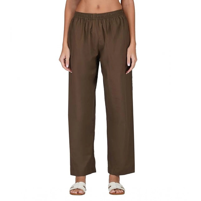 Rosolly Women's Casual Cotton Cambric Solid Elastic Palazzo Trousers (Brown)
