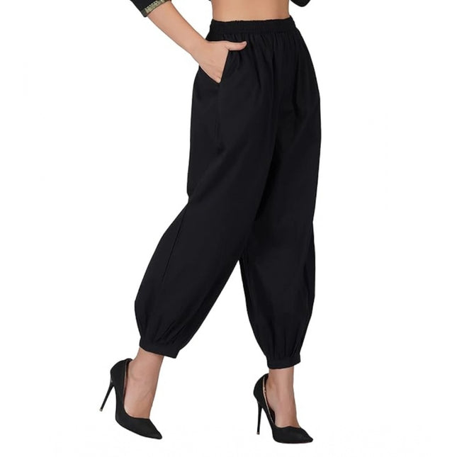Rosolly Women's Casual Cotton Cambric Solid Elastic Waist Patiala Harem Pants (Black)