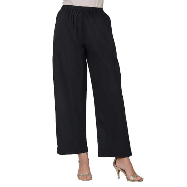 Rosolly Women's Casual Cotton Cambric Solid Elastic Palazzo Trousers (Black)