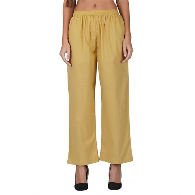 Rosolly Women's Casual Cotton Cambric Solid Elastic Palazzo Trousers (Beige)