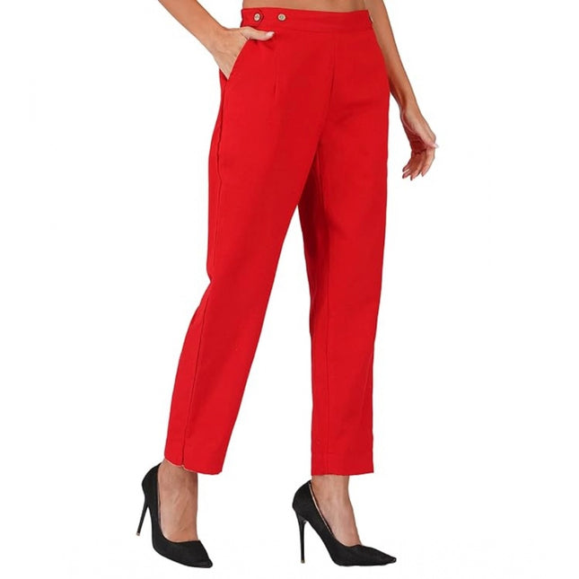 Rosolly Women's Casual Cotton Flax Solid Adjustable Waist Trouser Pants (Red)