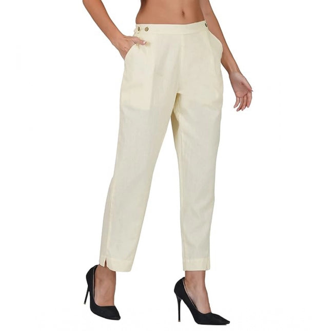 Rosolly Women's Casual Cotton Flax Solid Adjustable Waist Trouser Pants (Cream)