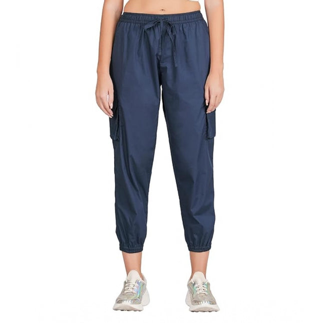 Rosolly Women's Casual Cotton Solid Elastic with Drawstring Cargo Pants (Navy Blue)